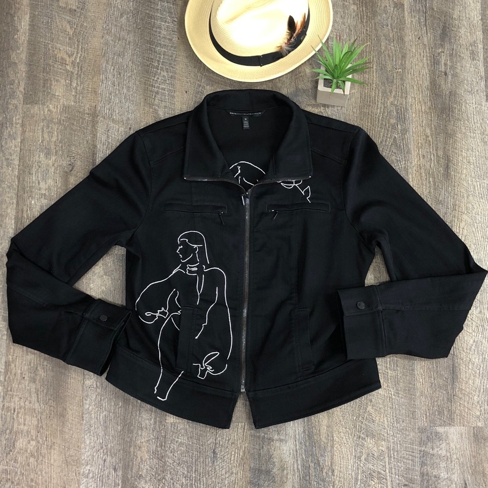 WHBM Black 35th Anniversary Moto Jacket w/White Embroidered Paris Motifs Size 14